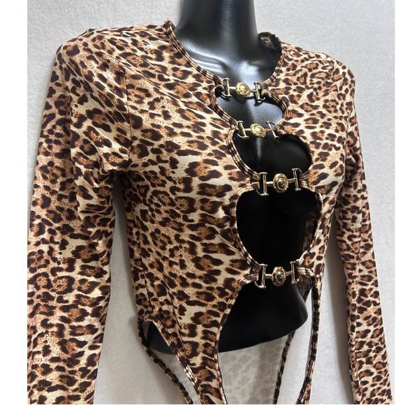 Leopard Animal Print Ring Linked Cut Out Bodysuit S Brown Long Sleeve High Cut - Picture 2 of 7